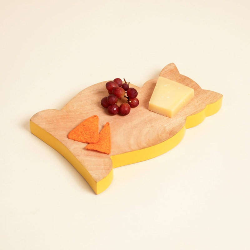 Cat-Shaped Mango Wood Serving Board with Yellow Edge, Wooden Cheese & Charcuterie Board for Kitchen & Entertaining