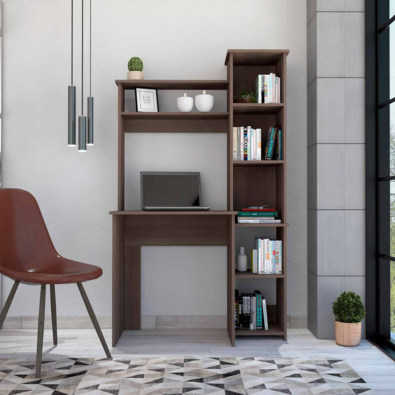 Bureau d'écriture à 6 tablettes avec bibliothèque intégrée Smokey Oak, Brun