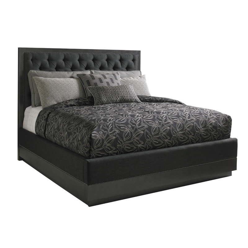Charcoal Gray Diamond-Tufted Queen Bed with Nailhead Trim and Storage