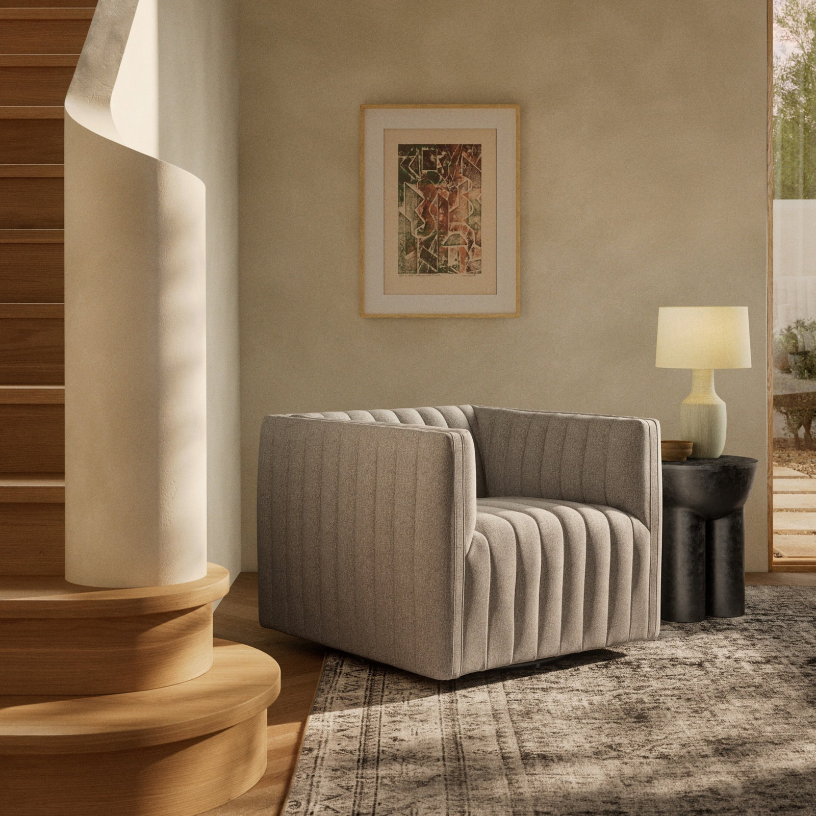 Brandt Genuine Leather Swivel Armchair, Orly Natural Polyester