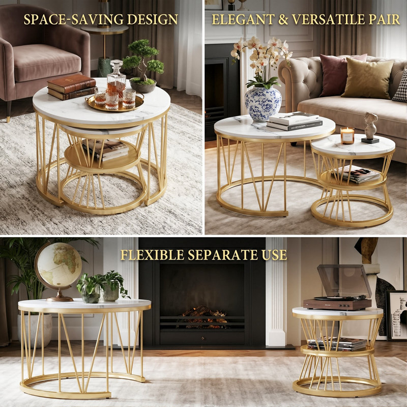 Round Nesting Coffee Tables (70+45Cm), Marble Effect V-Wire Frame With 2-Tier Storage Side Table, Gold
