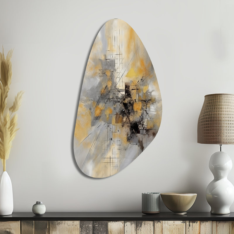 Yellow And Grey Beyond The Canvas I - Abstract Painting Unique Shape Metal Wall Art, Yellow Asymmetrical Metal Art Print