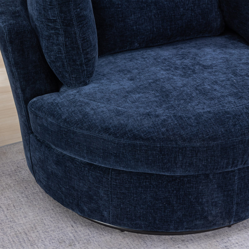 Kavonta Upholstered Slipcovered Swivel Barrel Chair with Ottoman, Navy Chenille
