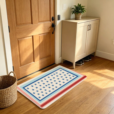 Beige Blue Star Border Welcome Mat 20 x 32 in Doorstep Household Use July Independence Day