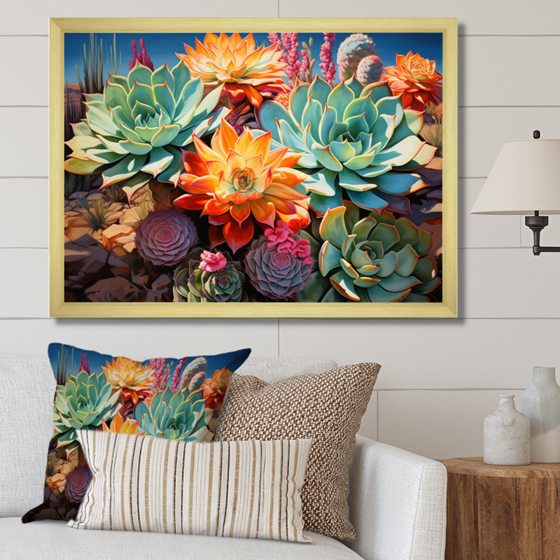Succulentes vertes, orange, fleurs du désert II, Cadre doré simple, H 12 po x l 20 po x P 1 po