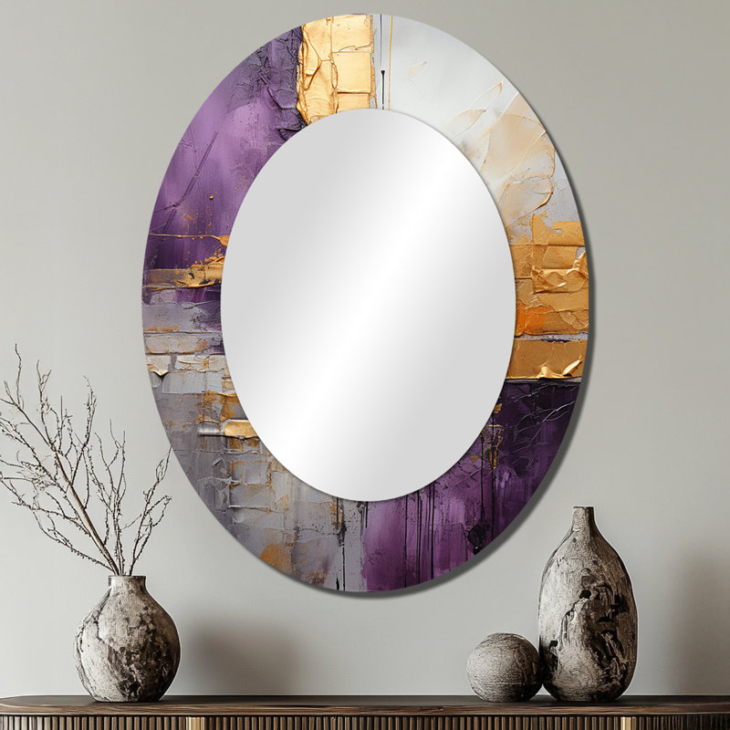 Gold Purple Abstract Fractal III - Modern Oval Wall Mirror, 40" x 30"