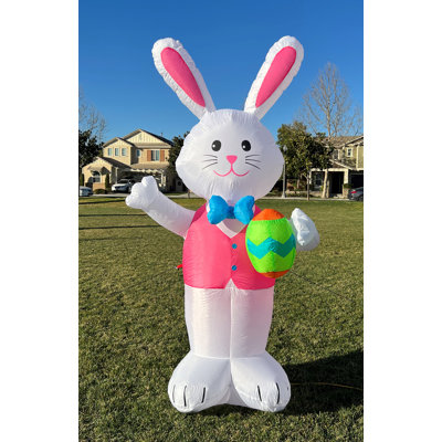 8 Foot Tall Easter Lighted Inflatable Blue Bow Tie Bunny Rabbit with Pattern Easter Egg Indoor / Outdoor Blow Up Yard Inflatable