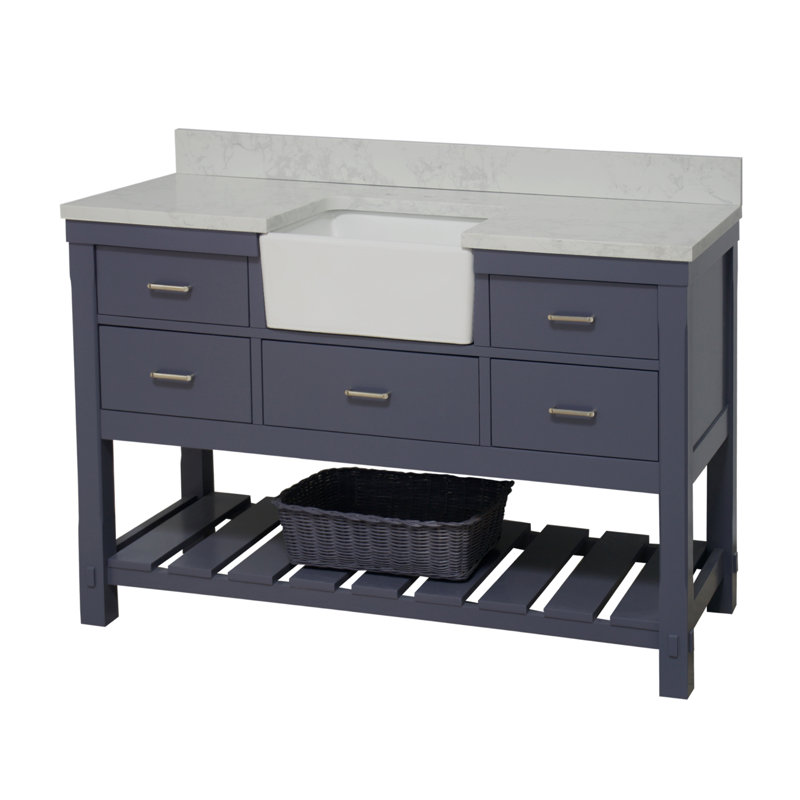 Hitton 60'' Single Bathroom Vanity with Top, Marine Gray, Engineered Carrara