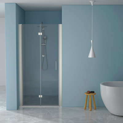 Porte de douche pliante sans cadre avec verre trempé l 34 po x H 72 po, 1/4 po (6 mm), argent brossé