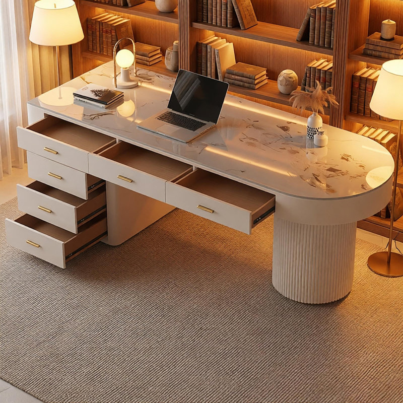 Bureau 62,99 "à demi-cercle beige en bois fritté, 5 tiroirs, H 29,53 po x l 62,99 po x P 27,56 po