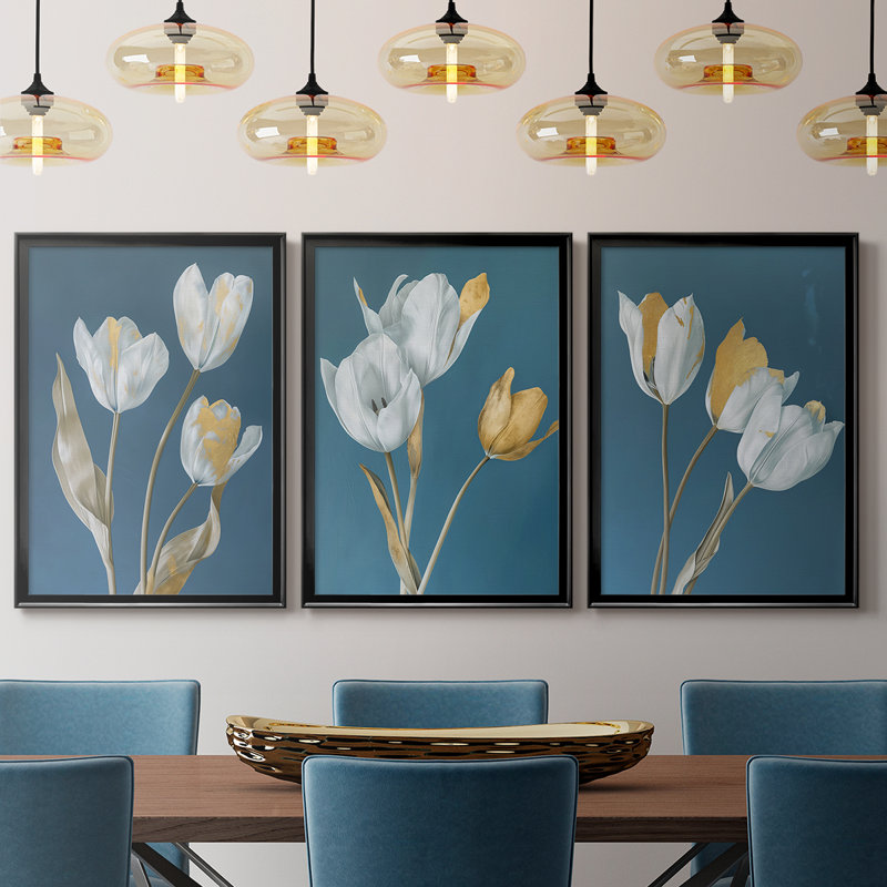 FLORAL Series CL - 3 pièces sur toile tendue avec châssis encadré, H 30 po x l 63 po, Noir, noir, noir, noir