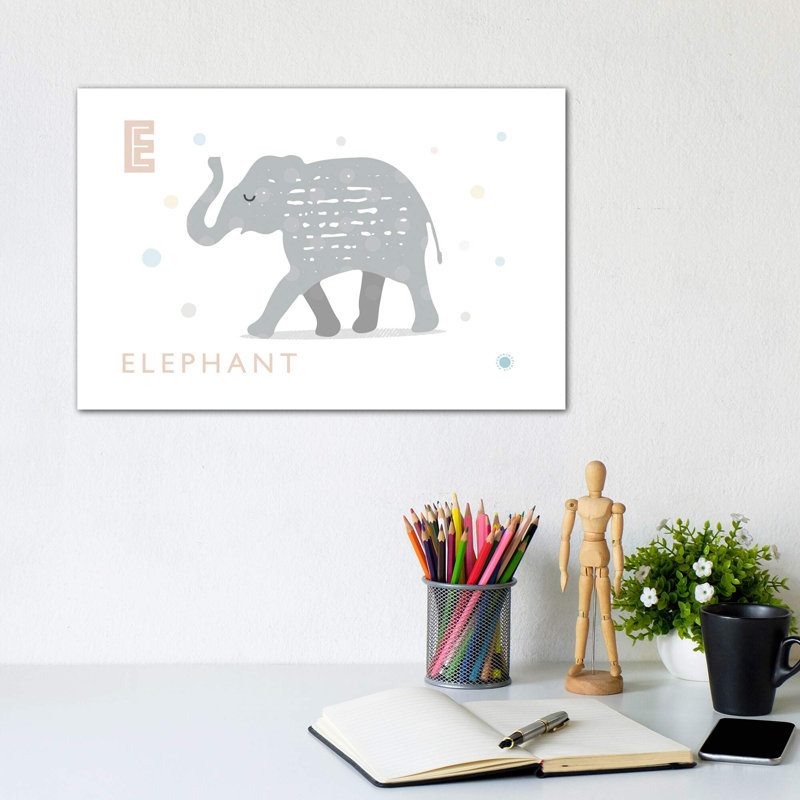 E Is for Elephant - impression d'art graphique, Pas de tapis, Toile tendue, H 8 po x l 12 po x P 0,75 po