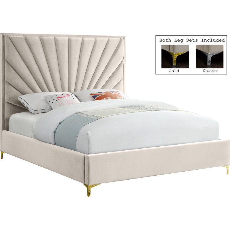Manila Upholstered Platform Bed, Cream Velvet, Queen