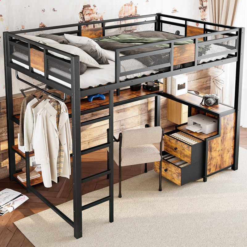 Lit mezzanine double avec bureau et rangement, structure de lit mezzanine en métal avec échelles, sans bruit, sans sommier, noir