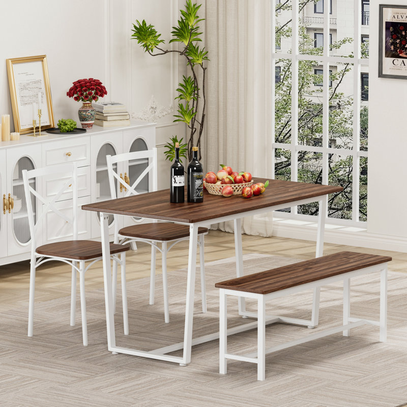 Ensemble de salle à manger 4 pièces avec 2 chaises et 1 banc, Noyer foncé / blanc