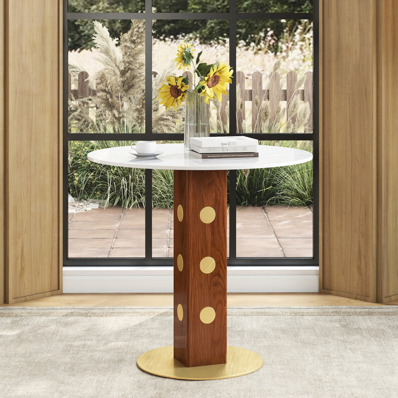 Table de salle à manger moderne en pierre frittée 33,5 po avec pieds en bois et base dorée Modern, Blanc