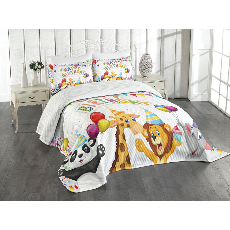 Ambesonne Birthday Bedspread Set 3 Pcs Cartoon Animals Party Queen Multicolor