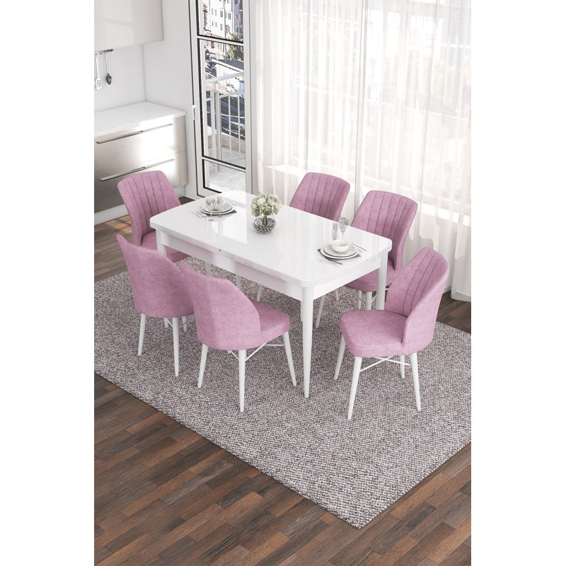 Ensemble de table et chaises de salle à manger extensible Modern (7 pièces), blanc et rose | 100% panneau de fibres à densité moyenne avec pieds en bois et structure en métal | Dimensions de la table: 51,9 po x 31,5 po x 30,7 po (extension: 66,9 po) | Siège confortable en mousse, parfait pour les réunions de famille