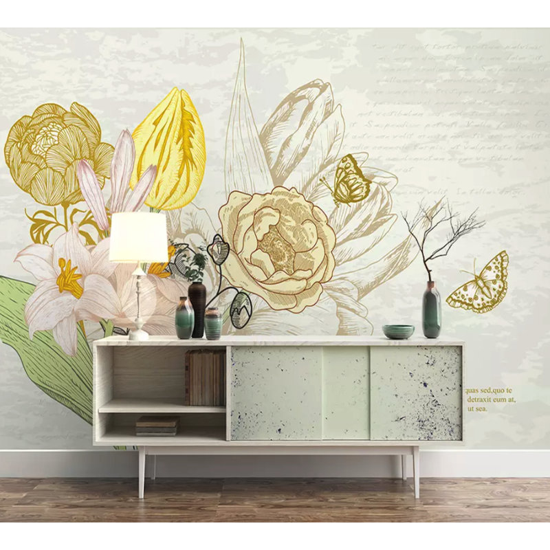 Papier peint amovible avec aquarelle de fleur de lys jaune, L 35,04 po x l 55 po