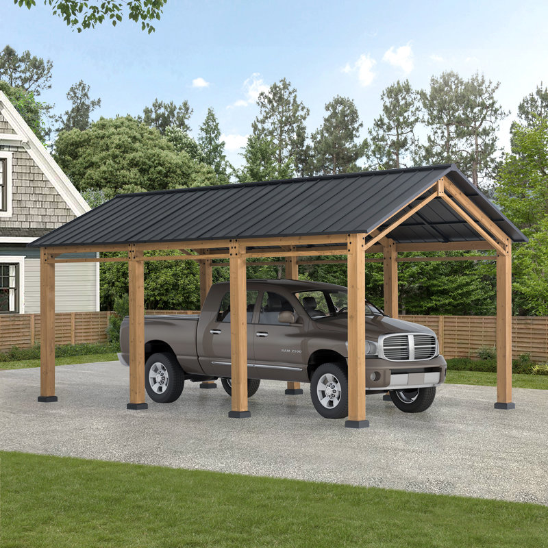 Garage en bois robuste de 11 pi x 20 pi AutoCove, abri d'auto avec cadre en cèdre avec toit en métal et crochet de plafond mobile