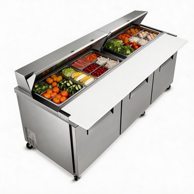 Réfrigérateur de table de préparation en acier inoxydable de 72 po Fennel avec planche à découper, tiroir de rangement et couvercle de protection