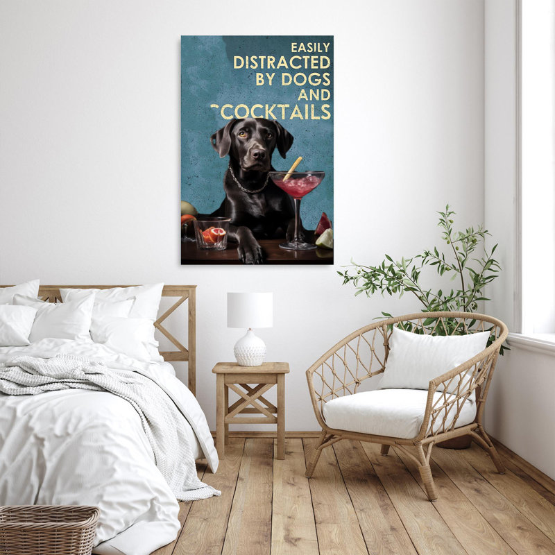 Chiens et cocktails sur toile, H 20 po x l 16 po x P 1,25 po