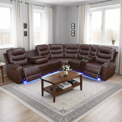 3 Pieces Breathing Leather Power Reclining Sofa Sectional With Led Lights, USB Chargers by Ivy Bronx