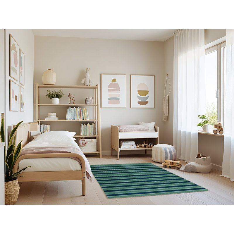 Machine Washable Horizontal Stripes Green Area Rug, Rectangle 4' x 6'
