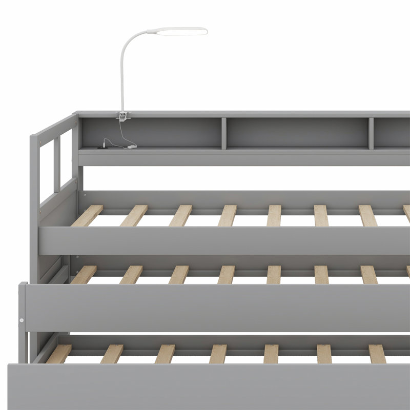 Lit de jour avec 2 lits gigognes, tablettes de rangement, 1 lumière gratuite et conception de chargement USB, Gris