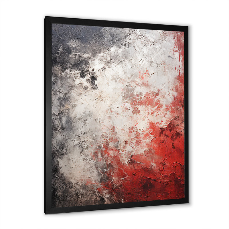 Surface lunaire grise et rouge - Décoration murale Tachisme, Cadre simple noir, H 20 po x l 12 po x P 1 po