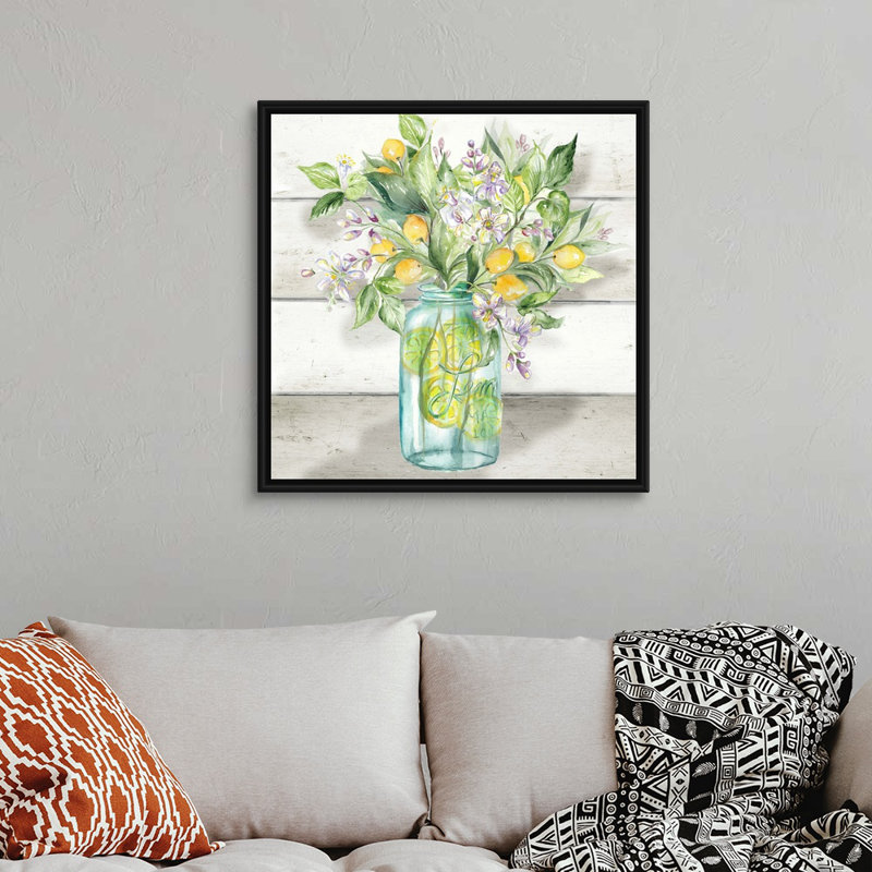 «Watercolor Lemons in Mason Jar on Shiplap» par Tre Sorelle Studios - reproduction d'art sur toile, Toile avec cadre noir