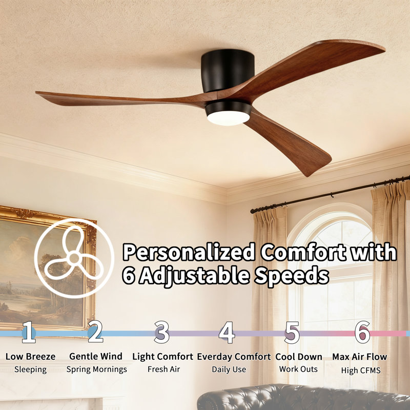 52 In. 3-blade Smart Indoor Flush Mount Ceiling Fan With Remote Control, Noiseless Reversible Dc Motor, Dimmable Led Light