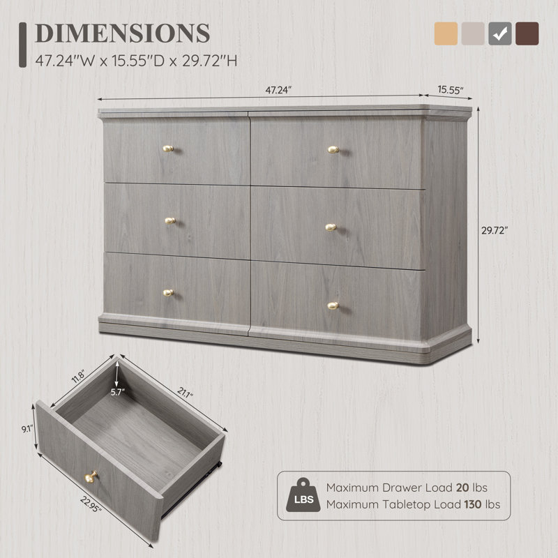 Commode 6 tiroirs Abarca, Gris, 6
