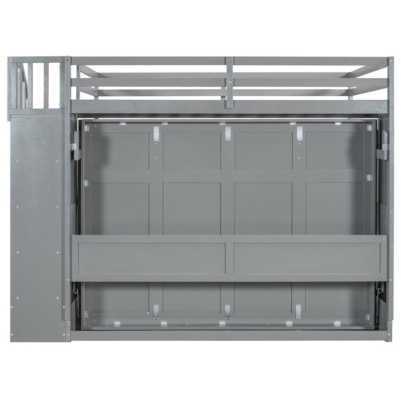 Lit double sur un lit gris avec mécanisme hydraulique avancé, espace de travail caché et armoires encastrées. Convient pour un espace de vie limité, un lit superposé pliable et un bureau. Une option pour économiser de l'espace