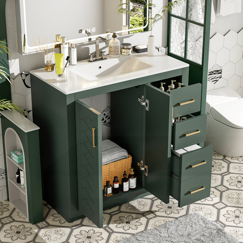 Meuble-lavabo 36 po avec lavabo en céramique, Vert