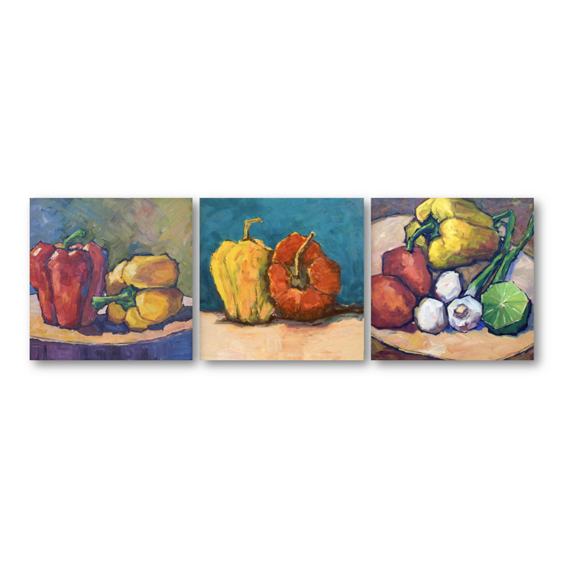 Pepper Set I by John Beard - Artist Enhanced Canvas Print, Brown Framed, 30" H x 90" W x 2" D