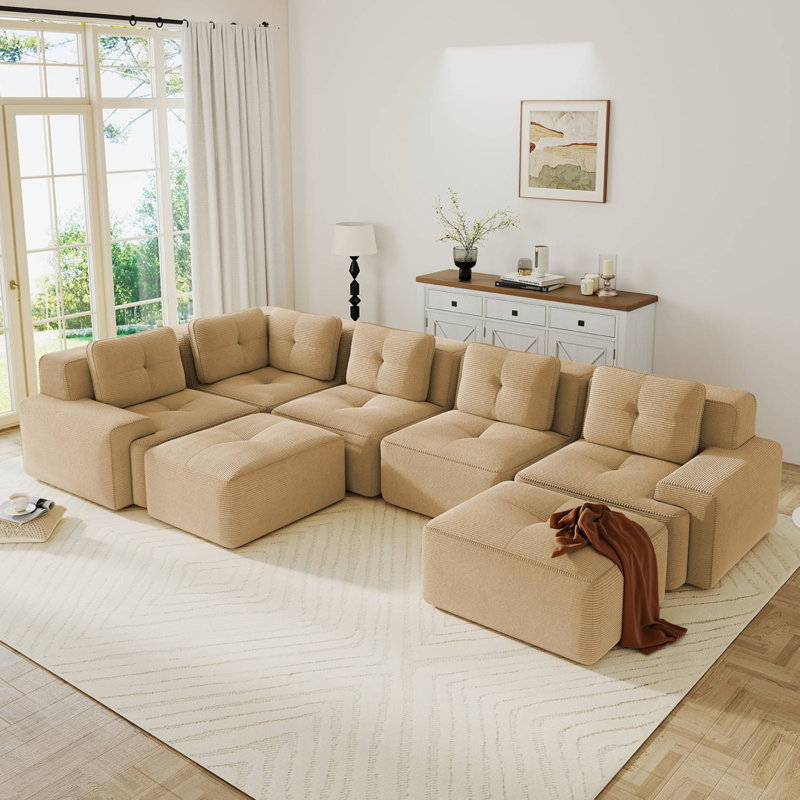 Canapé modulaire surdimensionné en velours côtelé de 116 po avec coin et repose-pieds, Velours côtelé chameau