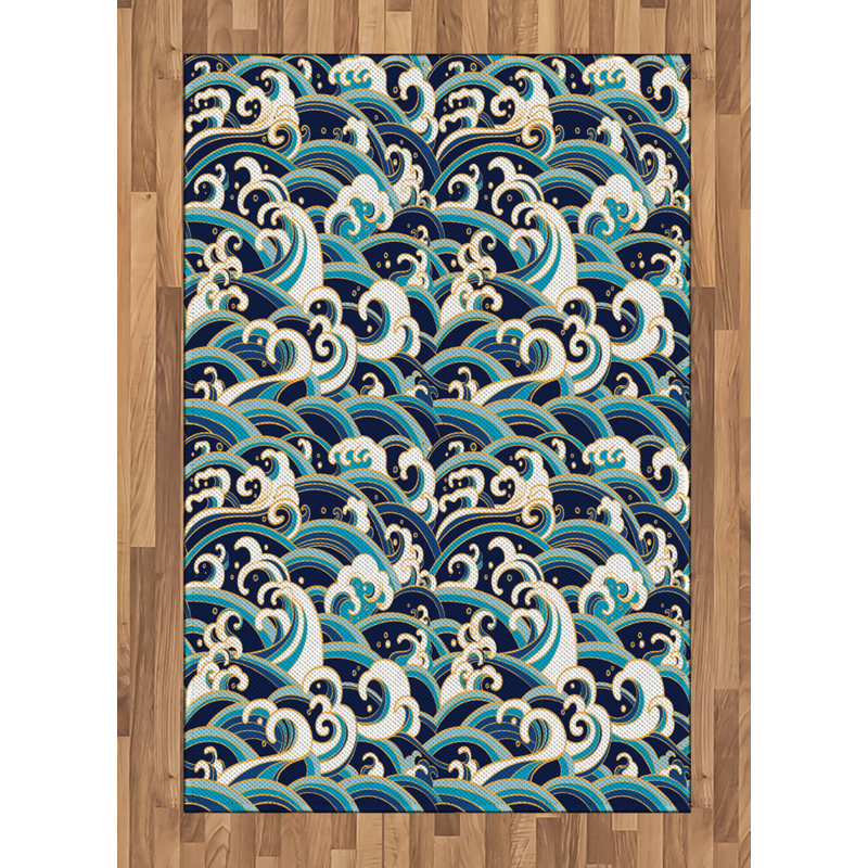 Ocean Waves Nautical High Density Long Fiber Poly Threads Decorative Area Rug Carpet, Rectangle 4' x 5'8"