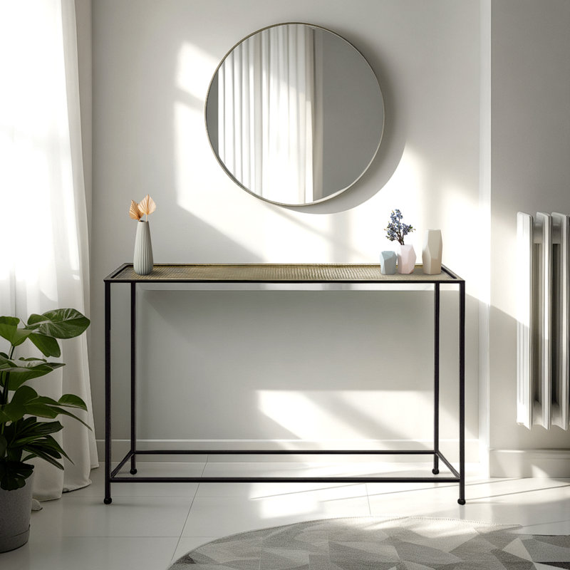 Aurelia 48 Inch Console Sofa Table, Artisanal Hammered Antique Bronze Tray Top, Industrial Black Iron Frame