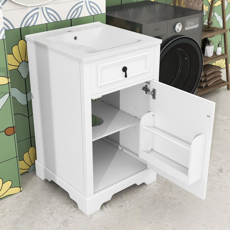 Meuble-lavabo simple contemporain en bois avec porte à fermeture douce, lavabo en céramique et tablette réglable, Blanc