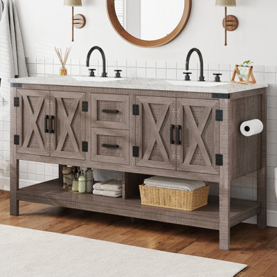 Meuble-lavabo à double cuve 60 po avec plateau en marbre blanc de Carrare et grand rangement, gris clair