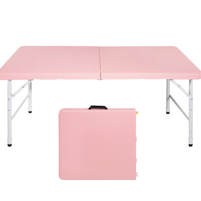 Portable Pink 4Ft Folding Table. For Camping And Outdoor Leisure. 135Kg Max Weight Capacity. Foldable With Fixed Grip For Easy Handling. Smooth Waterproof Table Surface. Triangular Design Greater