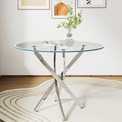Godwin Pedestal Dining Table,Round Clear Dining Tempered Glass Table with Chrome Legs,dining room table,dining tables,Round Top Shape,dinning table,dining room table