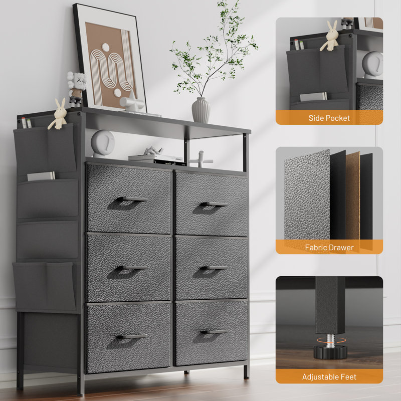 Dresser For Bedroom With 6 Drawers, Fabric Chest Of Drawers With Open Shelves & Side Storage Bags, Dresser TV Stand With LED Lights For Living Room, Closet, Entryway, Gray