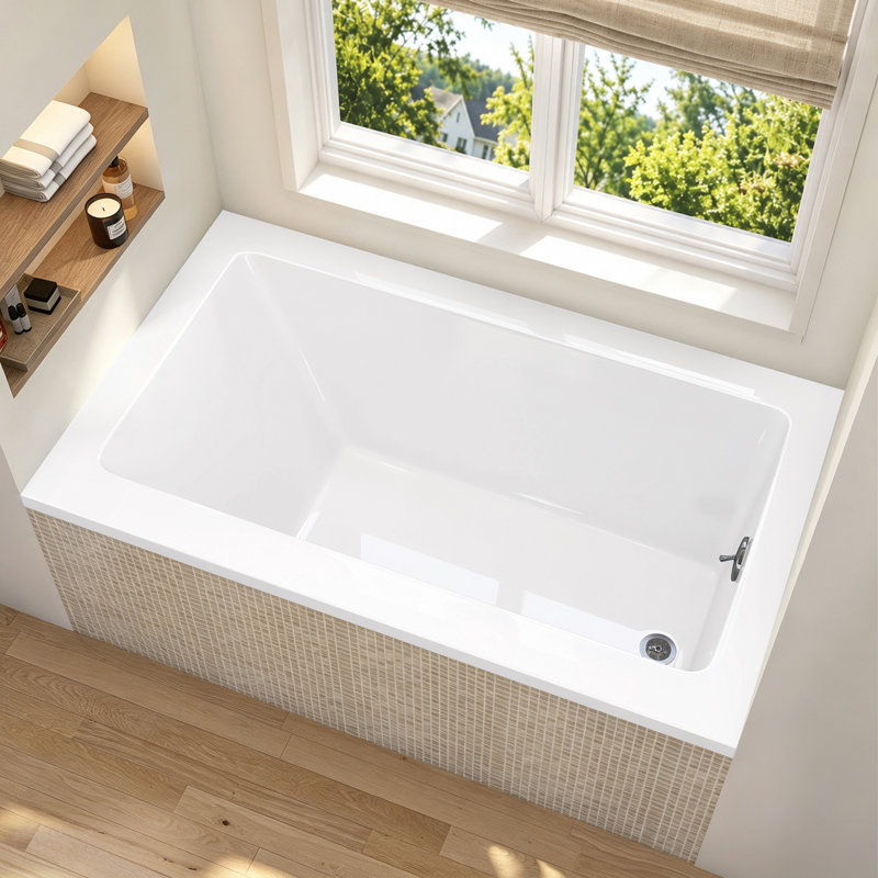 54 In. X 32 In. Acrylic Drop-In Bathtub Glossy White Rectangle Deep Soaking Bathroom Tub With Integrated Right Drain Hole for 3 Wall Installation