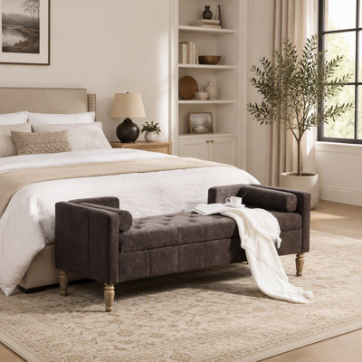 Banc de rangement rembourré en chenille de 164 cm avec accoudoirs, dossier et 2 coussins pour un confort et une organisation polyvalents