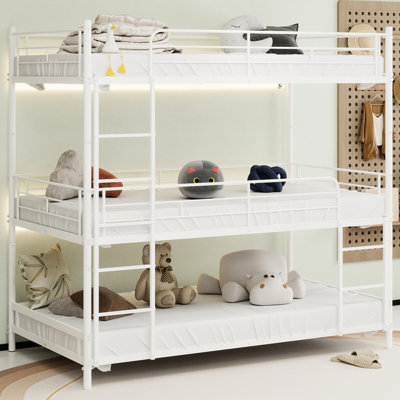 Triple cadre de lit simple avec lattes en métal et garde-corps en continu, pour dortoir de chambre à coucher, blanc, sans ressorts, fer à repasser, rampe pleine longueur à installation rapide intégrée