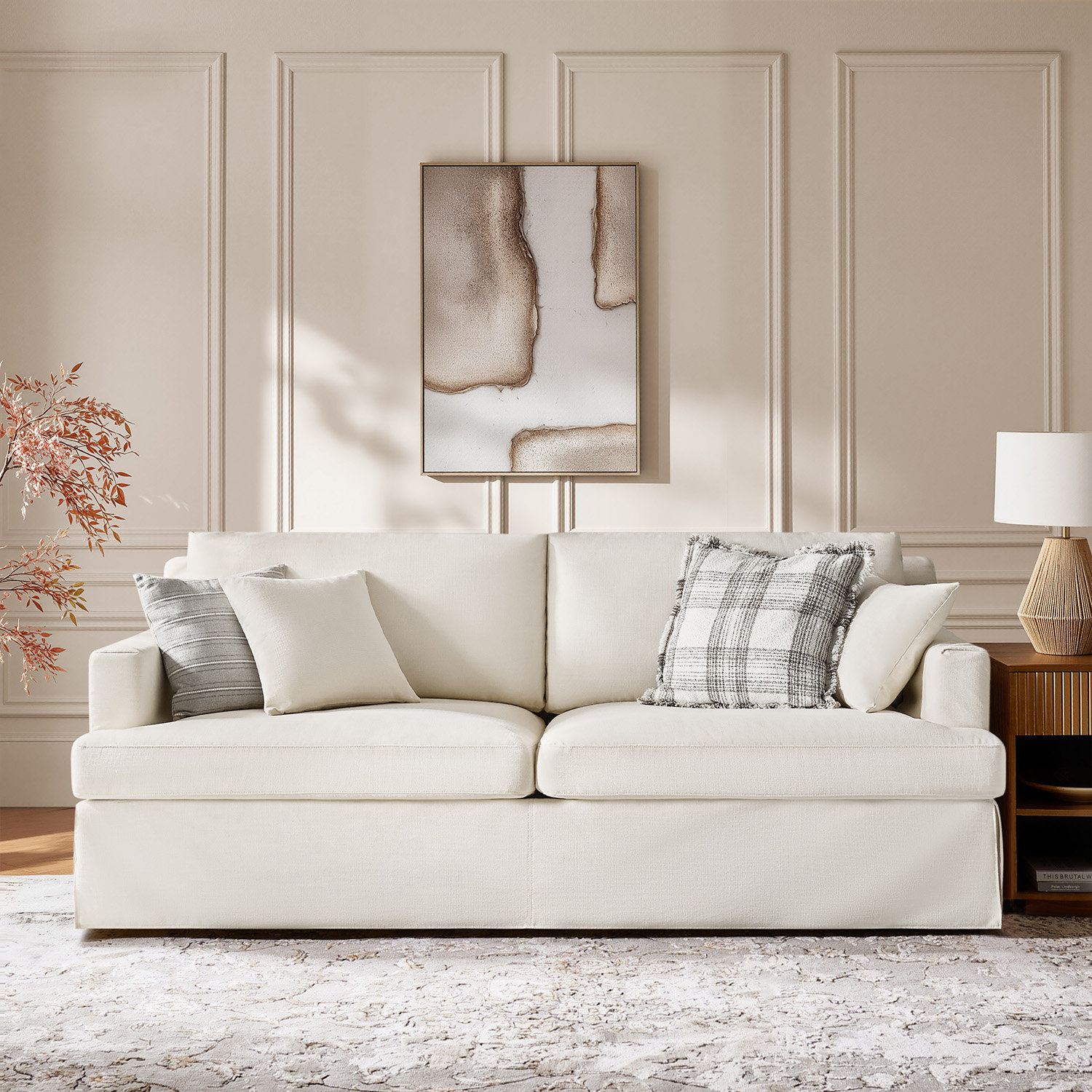 Lucie Isadoro 84"W Farmhouse Fully Assembled Square Arm Slipcovered Sofa With Down Blend Fill, White