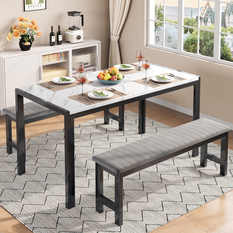 3-Piece  Dining Table Set, Kitchen Table Set with 2 Velvet Dining Benches, Tabletop Marble Finish, Gray