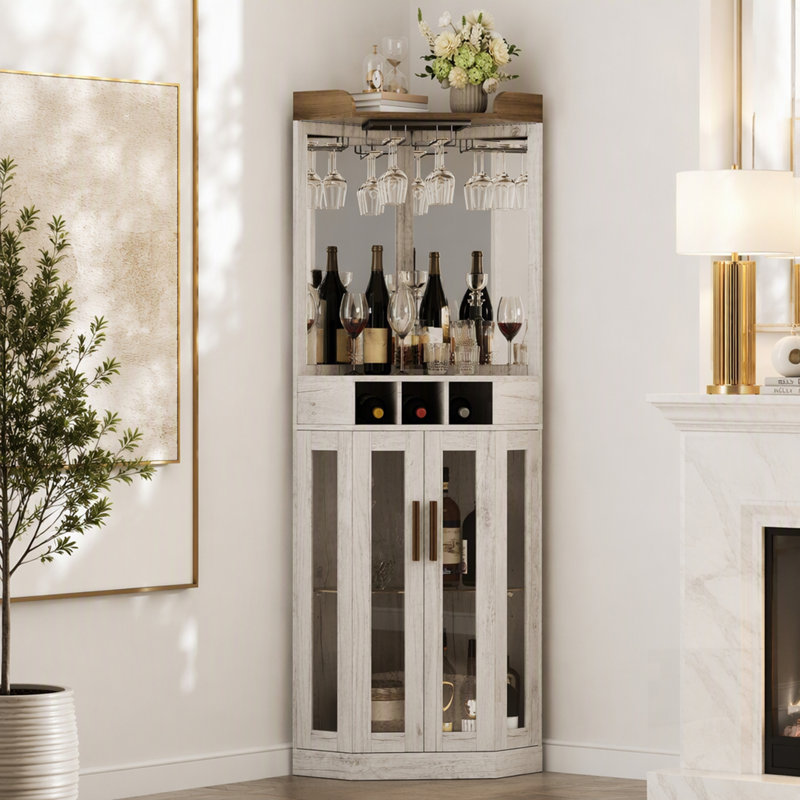 Corner Bar Cabinet with LED Lights, Mirrored Backing, Glass Doors, Stemware Racks and Wine Storage, Blanc antique